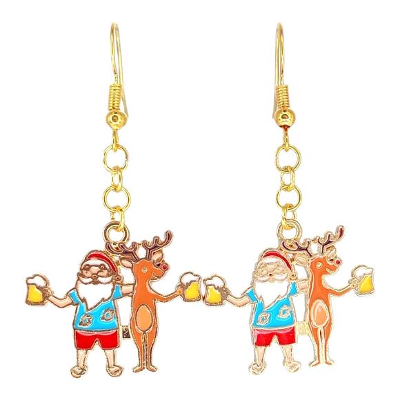 Santa and reindeer cheers dangle earrings holiday Christmas jewelry - Picture 1 of 5